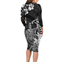 Hawaii King Kamehameha Day Family Matching Long Sleeve Bodycon Dress and Hawaiian Shirt Polynesian Pattern Mix Hibiscus Black