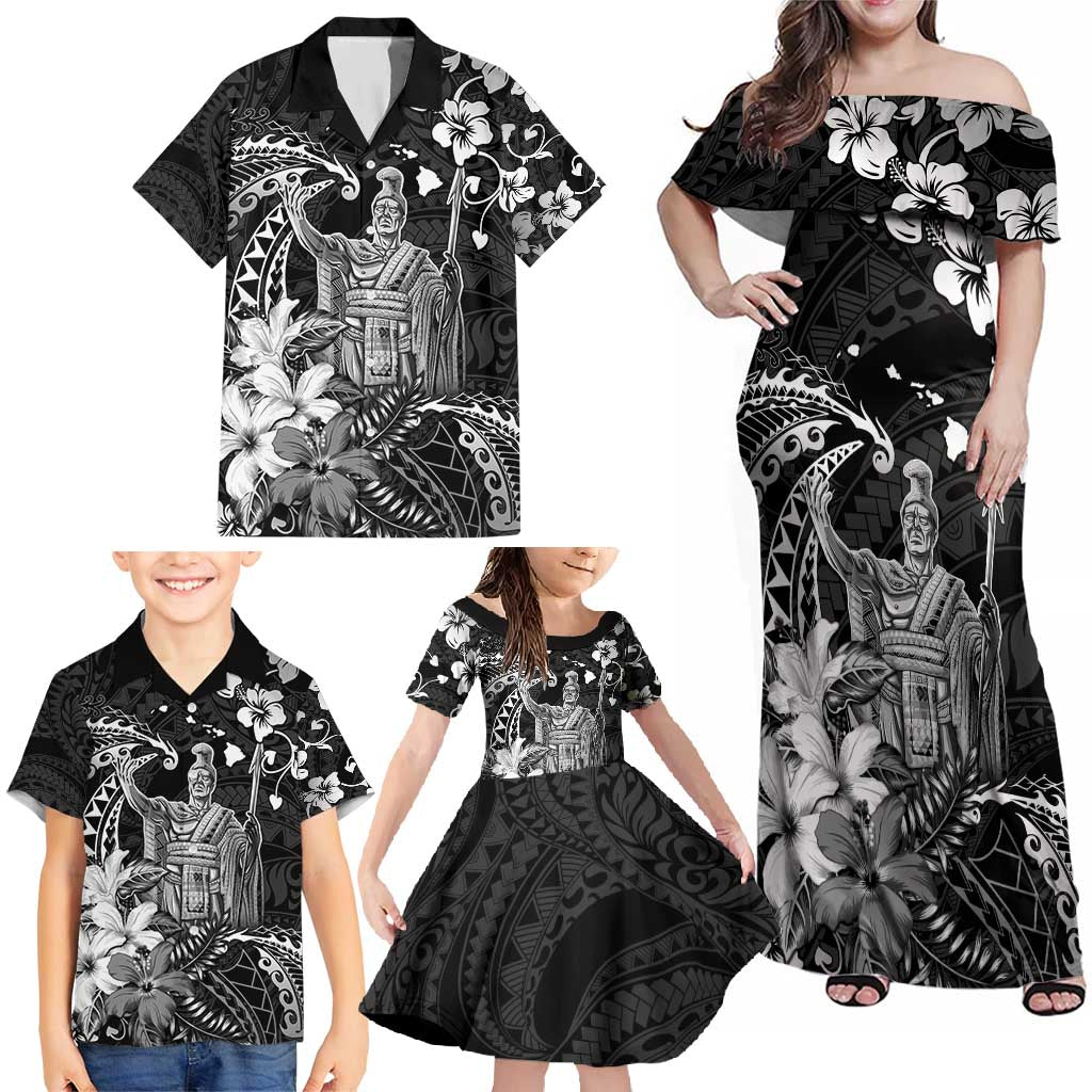 Hawaii King Kamehameha Day Family Matching Off Shoulder Maxi Dress and Hawaiian Shirt Polynesian Pattern Mix Hibiscus Black