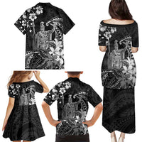 Hawaii King Kamehameha Day Family Matching Puletasi and Hawaiian Shirt Polynesian Pattern Mix Hibiscus Black