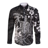 Hawaii King Kamehameha Day Long Sleeve Button Shirt Polynesian Pattern Mix Hibiscus Black