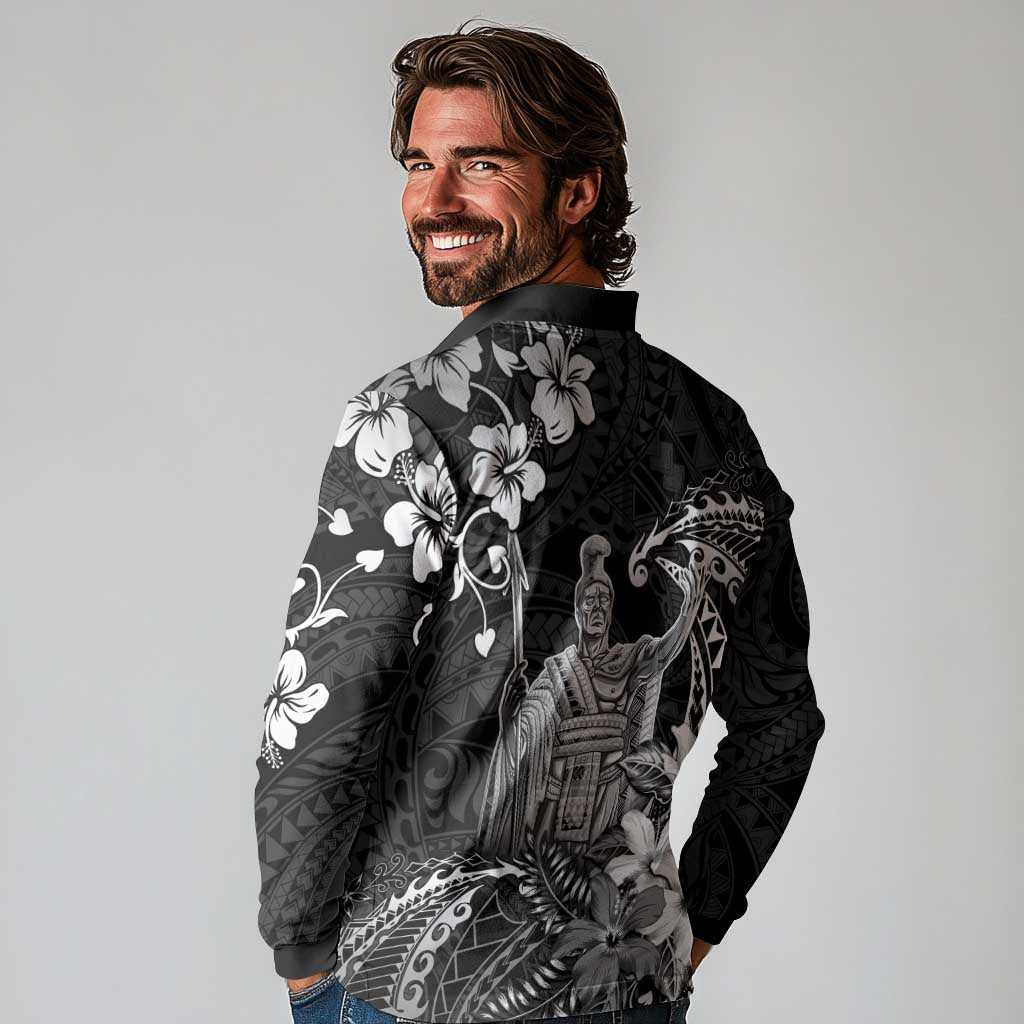 Hawaii King Kamehameha Day Long Sleeve Polo Shirt Polynesian Pattern Mix Hibiscus Black