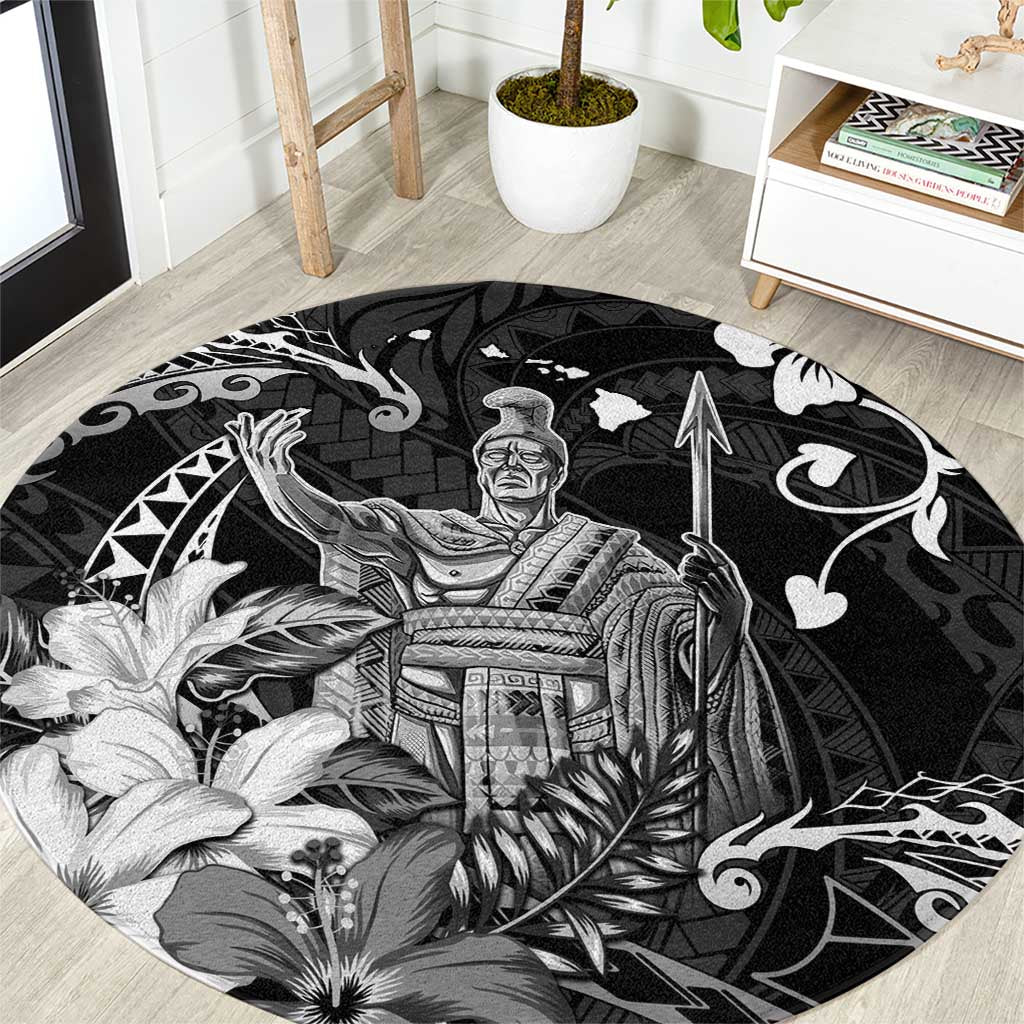 Hawaii King Kamehameha Day Round Carpet Polynesian Pattern Mix Hibiscus Black