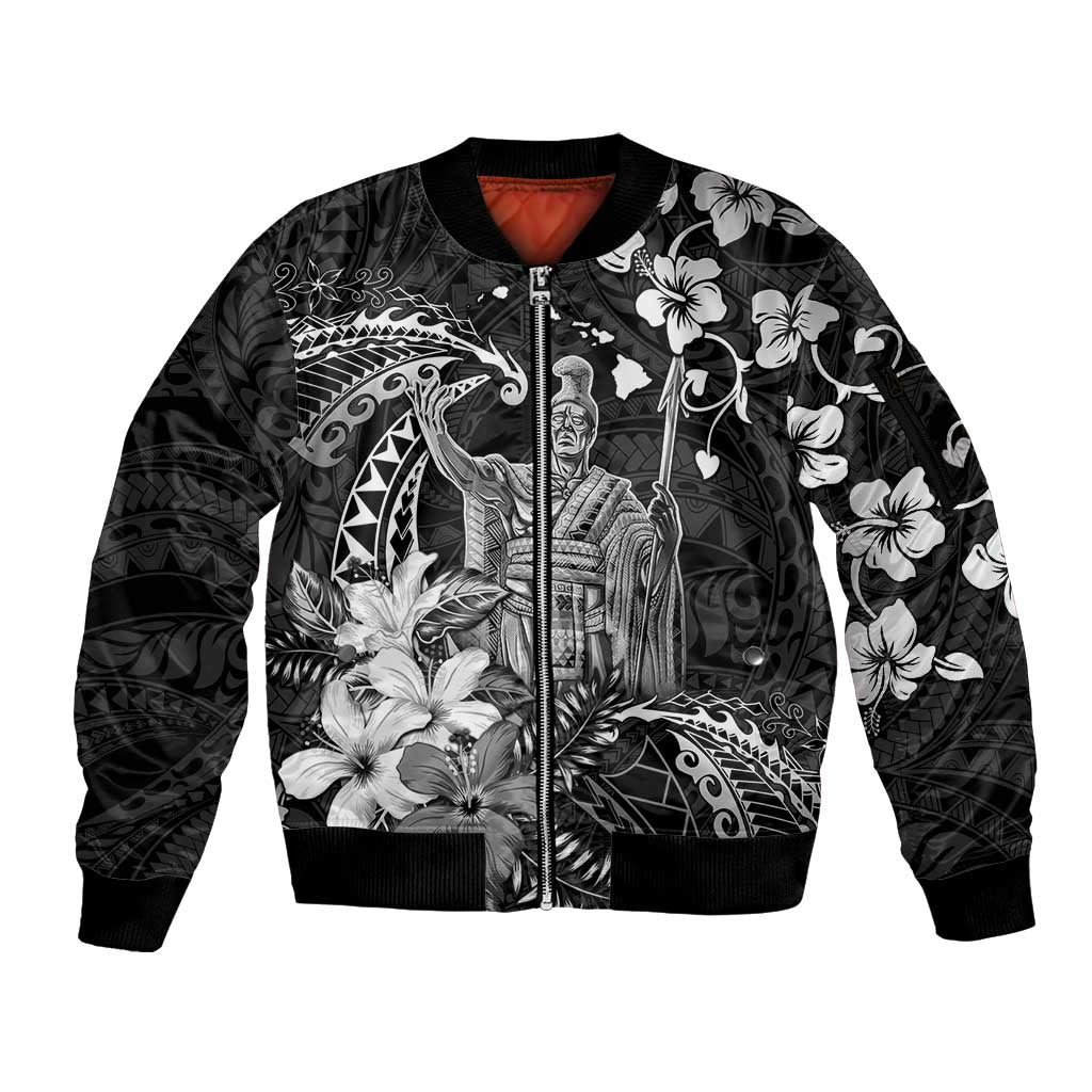 Hawaii King Kamehameha Day Sleeve Zip Bomber Jacket Polynesian Pattern Mix Hibiscus Black