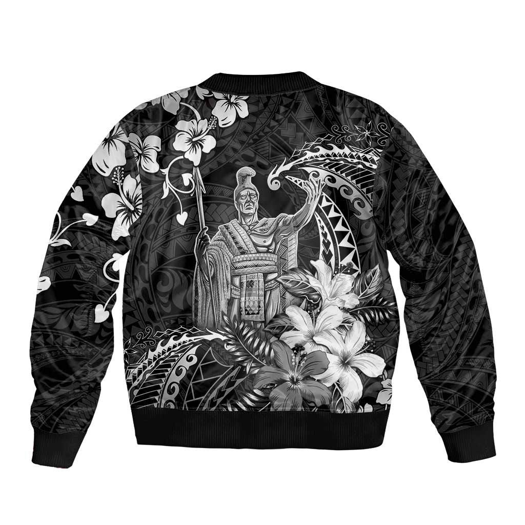 Hawaii King Kamehameha Day Sleeve Zip Bomber Jacket Polynesian Pattern Mix Hibiscus Black