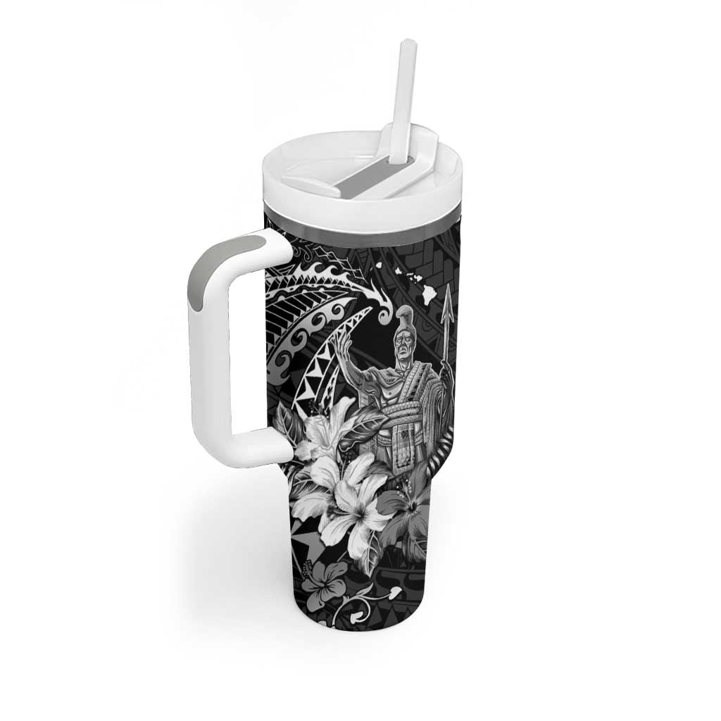 Hawaii King Kamehameha Day Tumbler With Handle Polynesian Pattern Mix Hibiscus Black