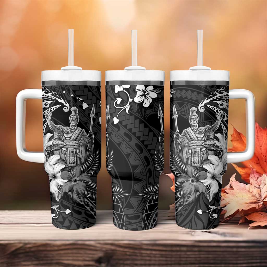 Hawaii King Kamehameha Day Tumbler With Handle Polynesian Pattern Mix Hibiscus Black