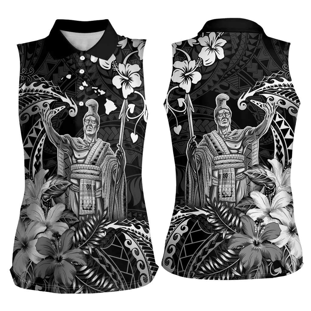 Hawaii King Kamehameha Day Women Sleeveless Polo Shirt Polynesian Pattern Mix Hibiscus Black