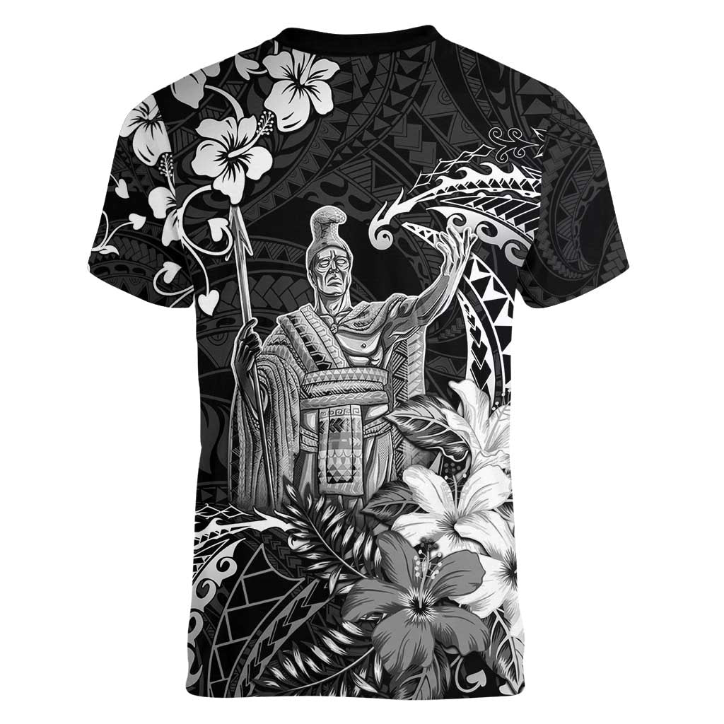 Hawaii King Kamehameha Day Women V-Neck T-Shirt Polynesian Pattern Mix Hibiscus Black