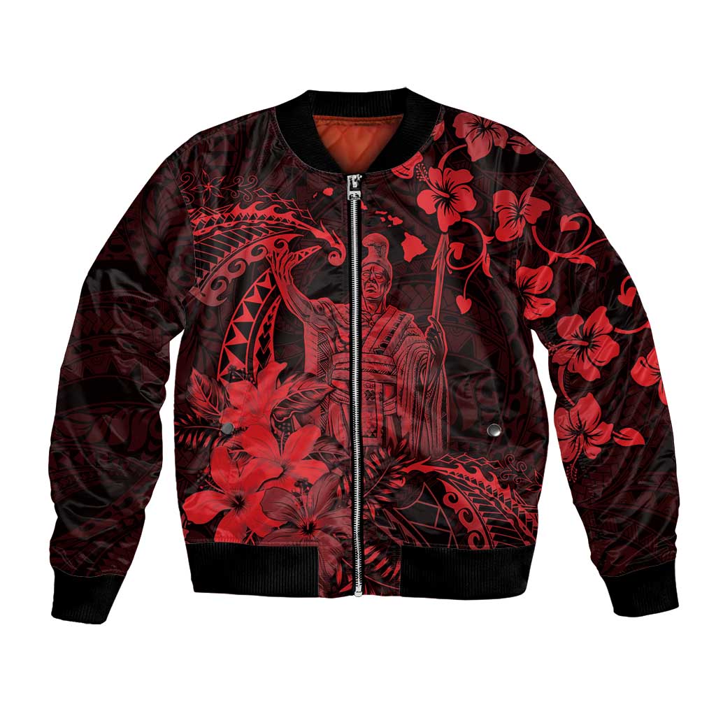 Hawaii King Kamehameha Day Bomber Jacket Polynesian Pattern Mix Hibiscus Red