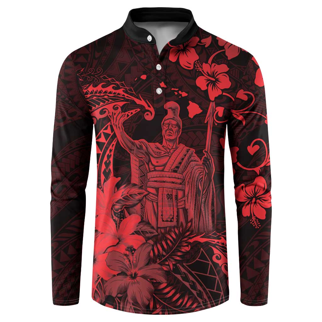 Hawaii King Kamehameha Day Button Sweatshirt Polynesian Pattern Mix Hibiscus Red