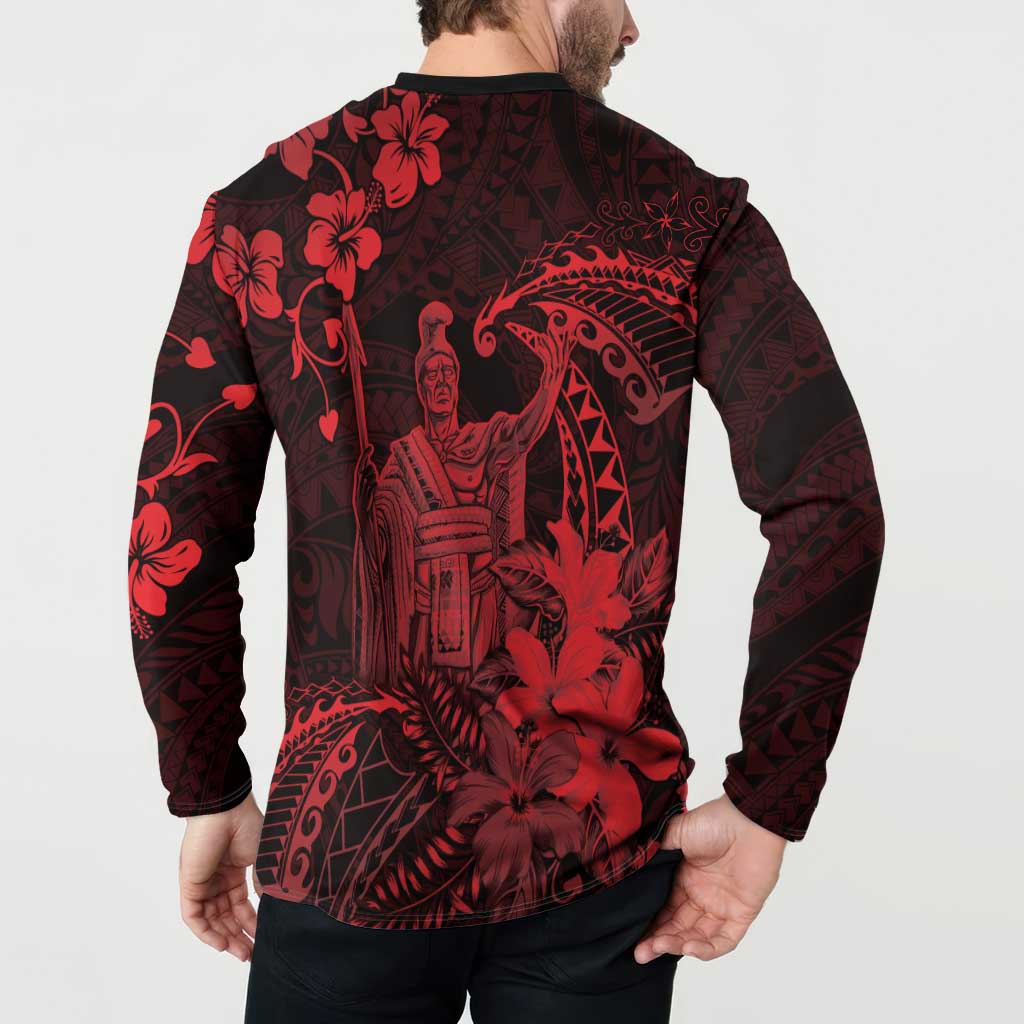 Hawaii King Kamehameha Day Button Sweatshirt Polynesian Pattern Mix Hibiscus Red