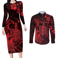 Hawaii King Kamehameha Day Couples Matching Long Sleeve Bodycon Dress and Long Sleeve Button Shirt Polynesian Pattern Mix Hibiscus Red