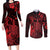 Hawaii King Kamehameha Day Couples Matching Long Sleeve Bodycon Dress and Long Sleeve Button Shirt Polynesian Pattern Mix Hibiscus Red