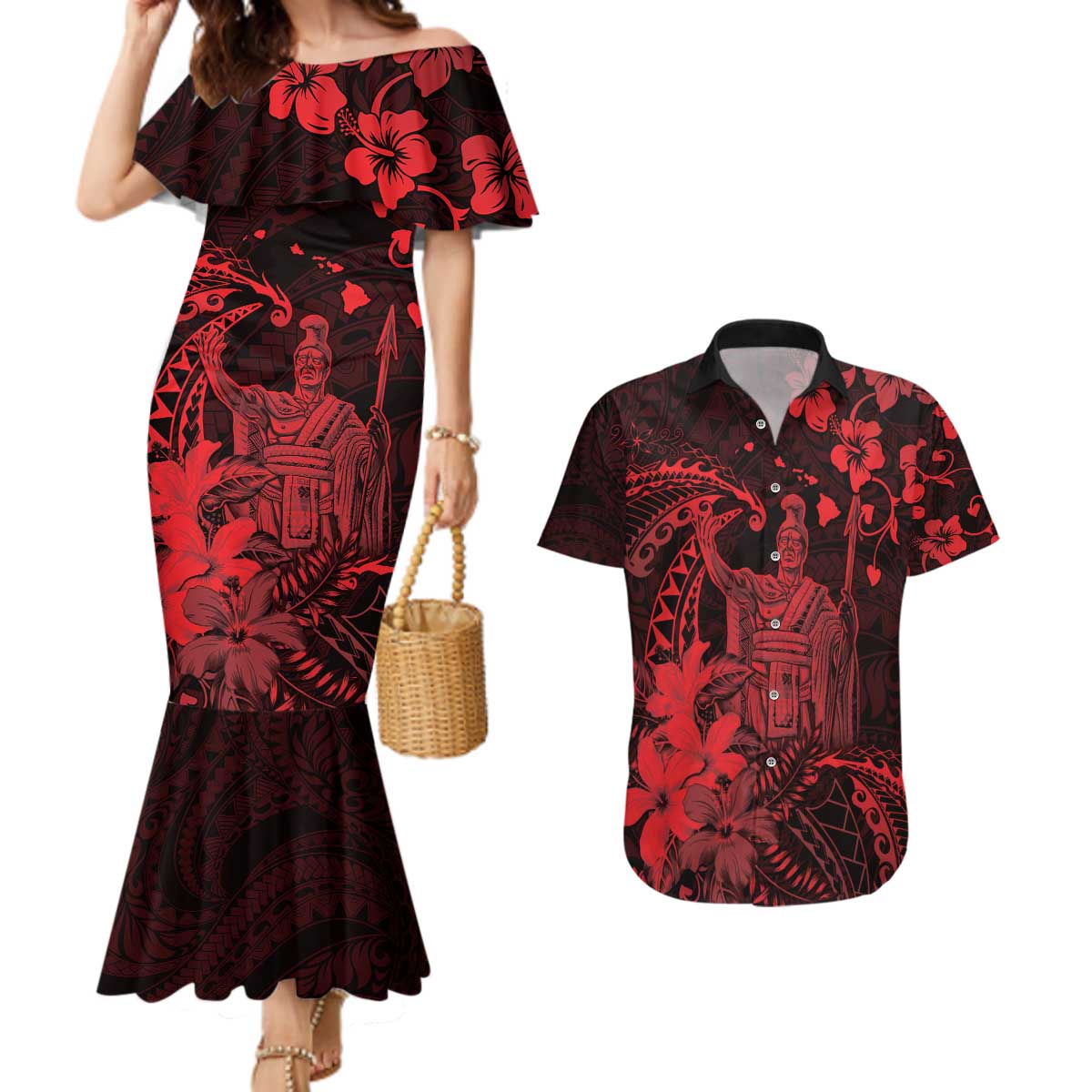 Hawaii King Kamehameha Day Couples Matching Mermaid Dress and Hawaiian Shirt Polynesian Pattern Mix Hibiscus Red