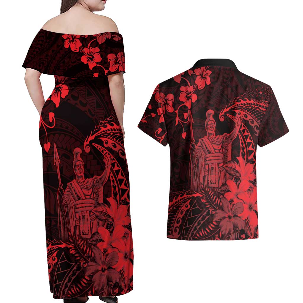 Hawaii King Kamehameha Day Couples Matching Off Shoulder Maxi Dress and Hawaiian Shirt Polynesian Pattern Mix Hibiscus Red