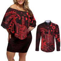 Hawaii King Kamehameha Day Couples Matching Off Shoulder Short Dress and Long Sleeve Button Shirt Polynesian Pattern Mix Hibiscus Red