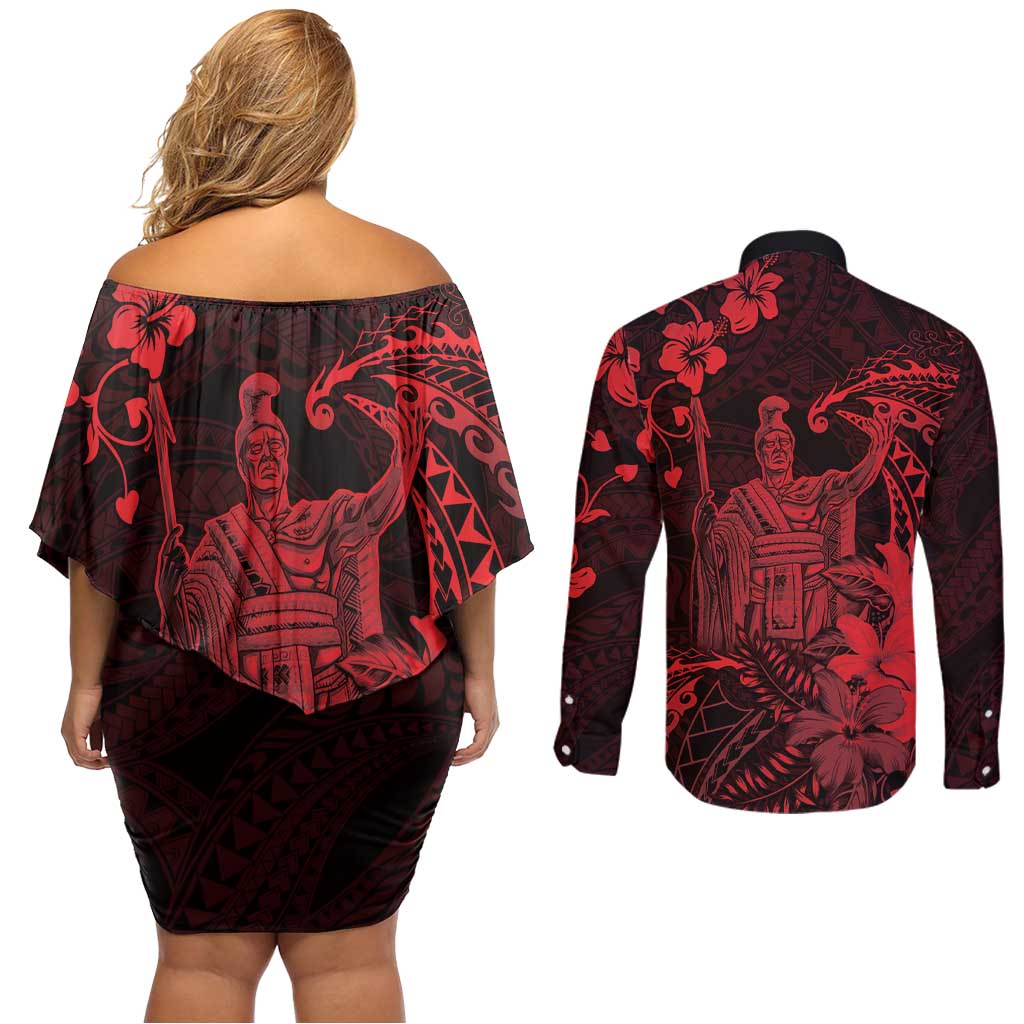 Hawaii King Kamehameha Day Couples Matching Off Shoulder Short Dress and Long Sleeve Button Shirt Polynesian Pattern Mix Hibiscus Red