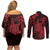 Hawaii King Kamehameha Day Couples Matching Off Shoulder Short Dress and Long Sleeve Button Shirt Polynesian Pattern Mix Hibiscus Red