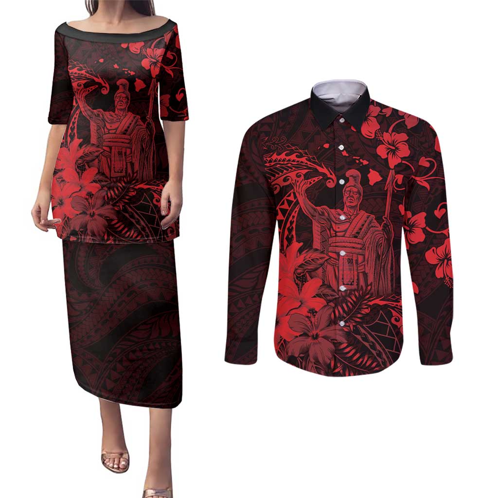 Hawaii King Kamehameha Day Couples Matching Puletasi and Long Sleeve Button Shirt Polynesian Pattern Mix Hibiscus Red