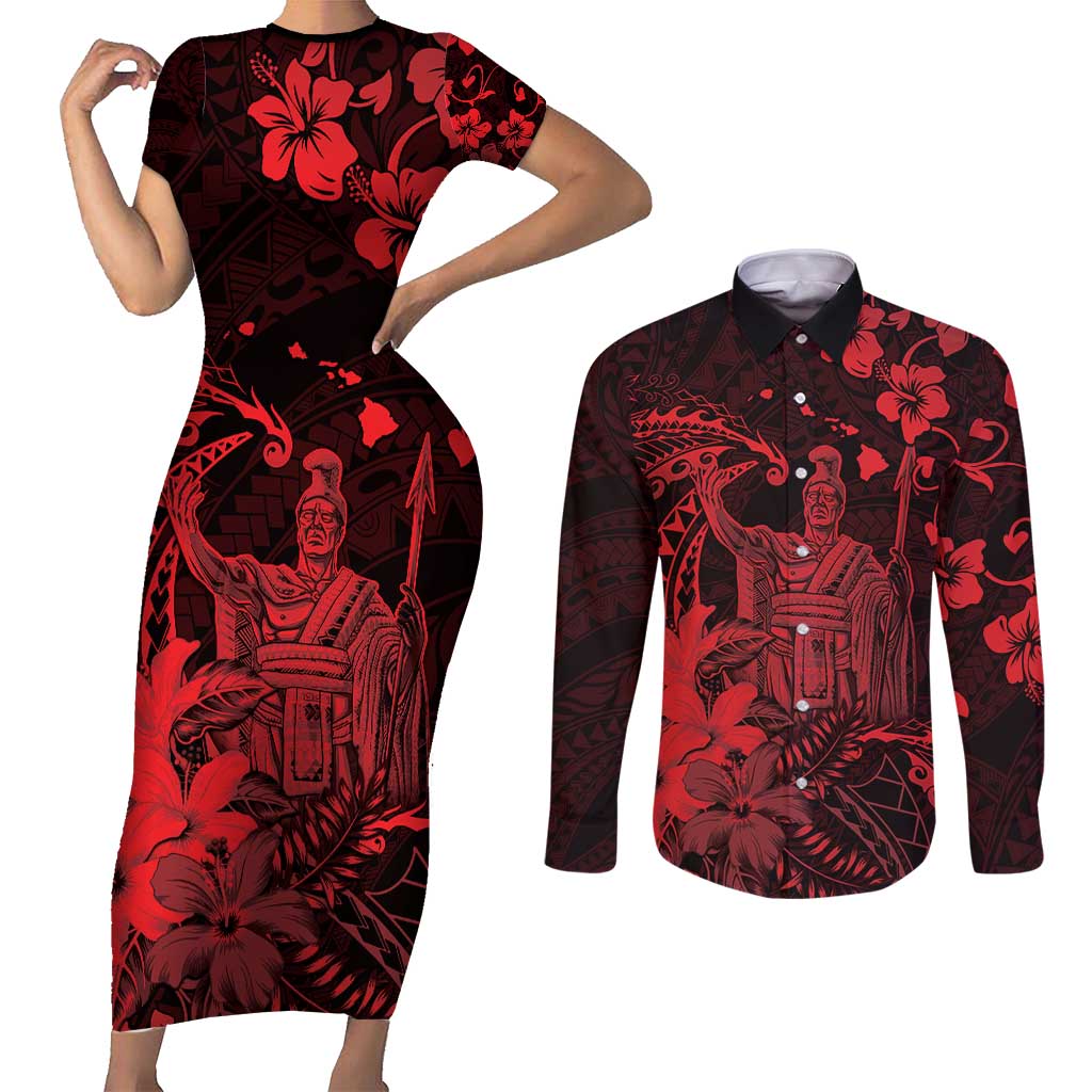 Hawaii King Kamehameha Day Couples Matching Short Sleeve Bodycon Dress and Long Sleeve Button Shirt Polynesian Pattern Mix Hibiscus Red