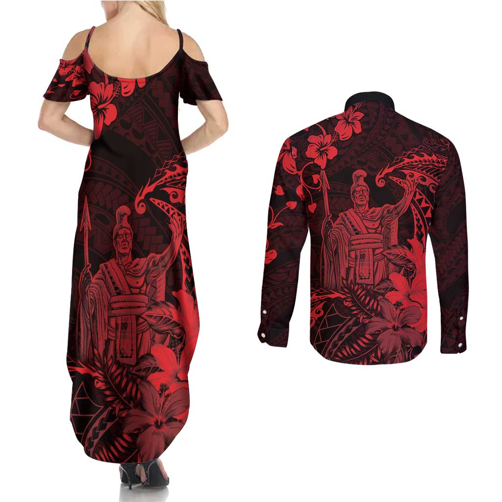 Hawaii King Kamehameha Day Couples Matching Summer Maxi Dress and Long Sleeve Button Shirt Polynesian Pattern Mix Hibiscus Red