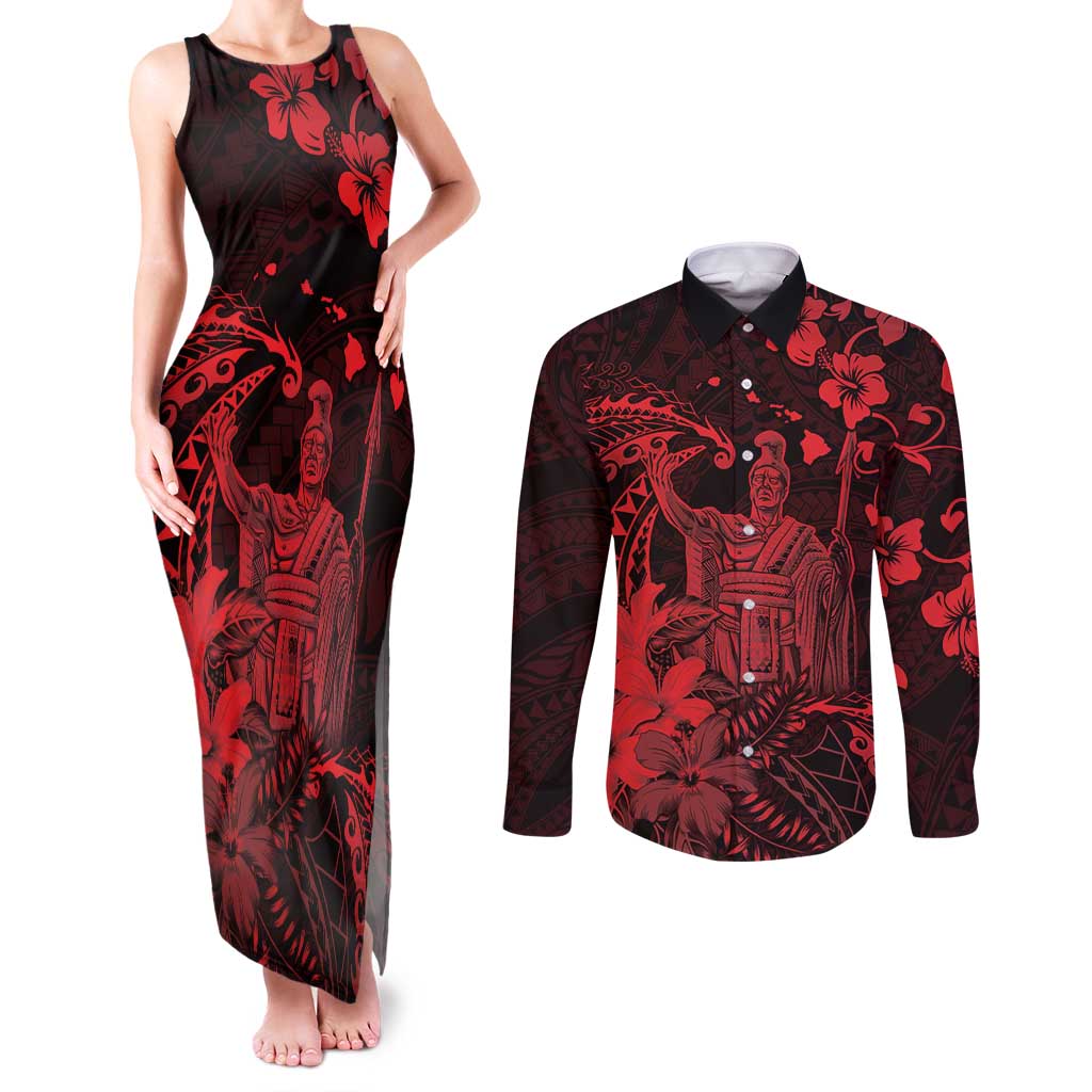 Hawaii King Kamehameha Day Couples Matching Tank Maxi Dress and Long Sleeve Button Shirt Polynesian Pattern Mix Hibiscus Red