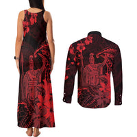 Hawaii King Kamehameha Day Couples Matching Tank Maxi Dress and Long Sleeve Button Shirt Polynesian Pattern Mix Hibiscus Red