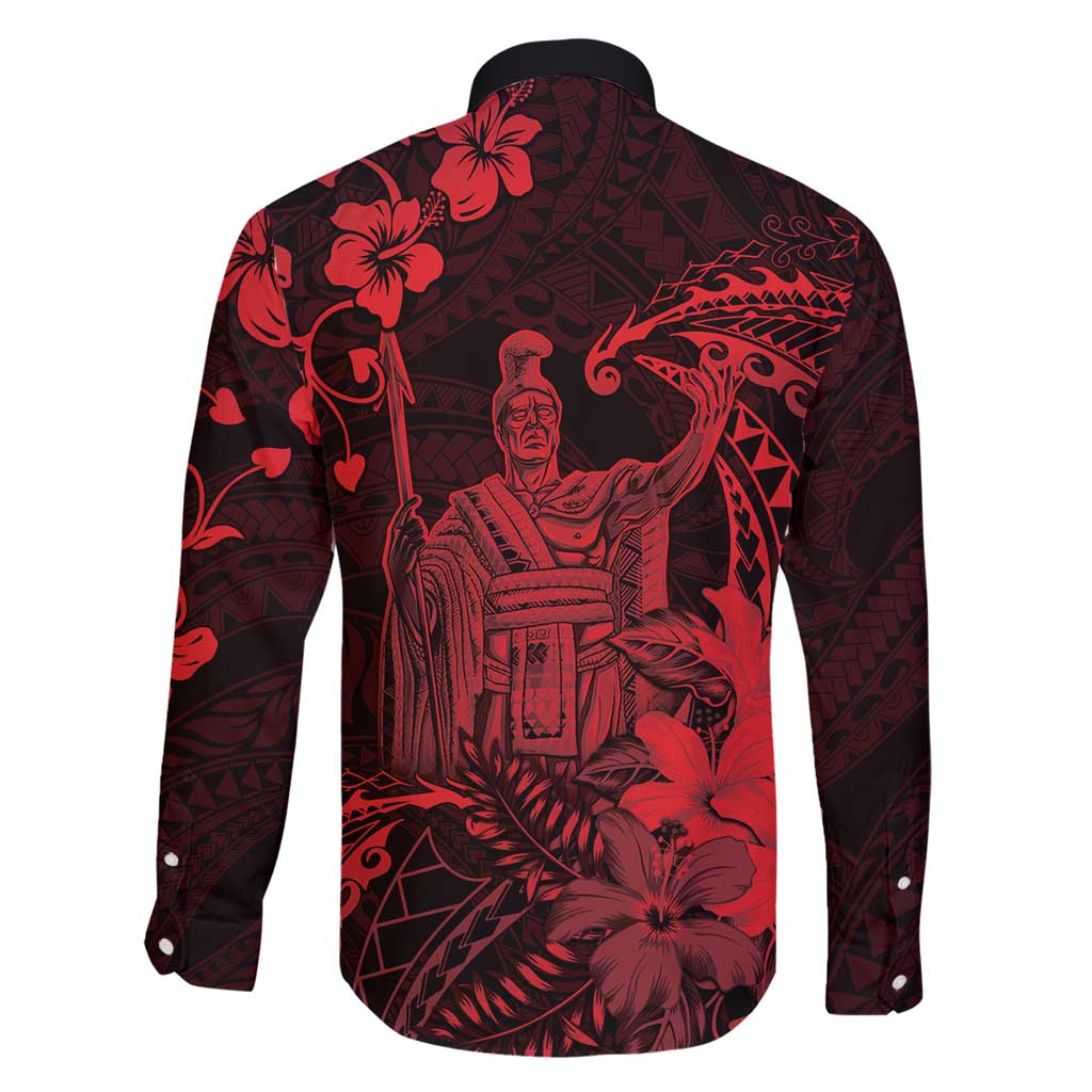 Hawaii King Kamehameha Day Family Matching Long Sleeve Bodycon Dress and Hawaiian Shirt Polynesian Pattern Mix Hibiscus Red