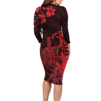 Hawaii King Kamehameha Day Family Matching Long Sleeve Bodycon Dress and Hawaiian Shirt Polynesian Pattern Mix Hibiscus Red