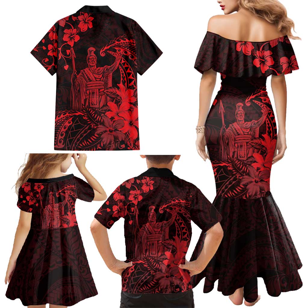Hawaii King Kamehameha Day Family Matching Mermaid Dress and Hawaiian Shirt Polynesian Pattern Mix Hibiscus Red