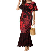 Hawaii King Kamehameha Day Family Matching Mermaid Dress and Hawaiian Shirt Polynesian Pattern Mix Hibiscus Red