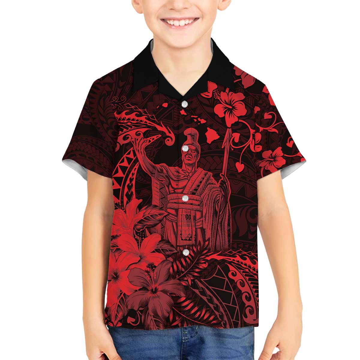 Hawaii King Kamehameha Day Family Matching Off The Shoulder Long Sleeve Dress and Hawaiian Shirt Polynesian Pattern Mix Hibiscus Red