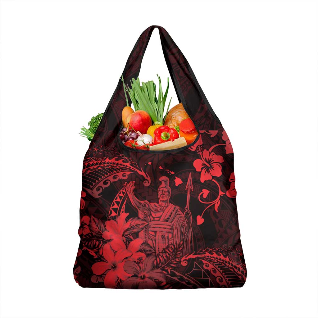 Hawaii King Kamehameha Day Grocery Bag Polynesian Pattern Mix Hibiscus Red