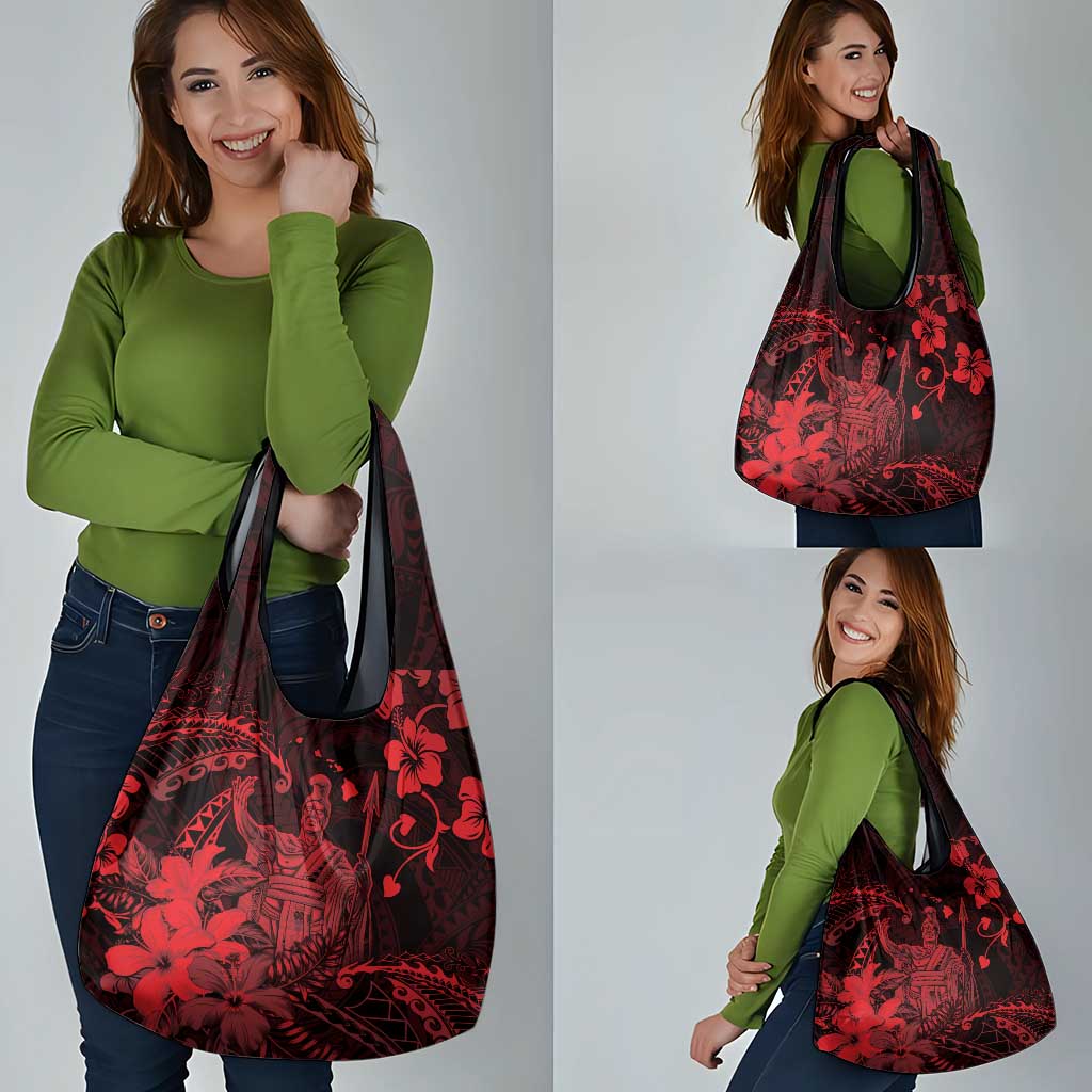 Hawaii King Kamehameha Day Grocery Bag Polynesian Pattern Mix Hibiscus Red
