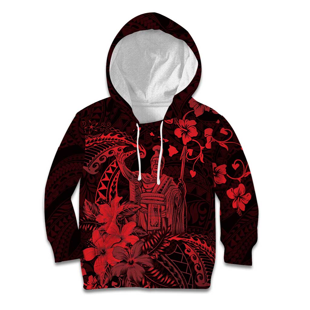 Hawaii King Kamehameha Day Kid Hoodie Polynesian Pattern Mix Hibiscus Red