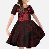 Hawaii King Kamehameha Day Kid Short Sleeve Dress Polynesian Pattern Mix Hibiscus Red