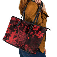 Hawaii King Kamehameha Day Leather Tote Bag Polynesian Pattern Mix Hibiscus Red