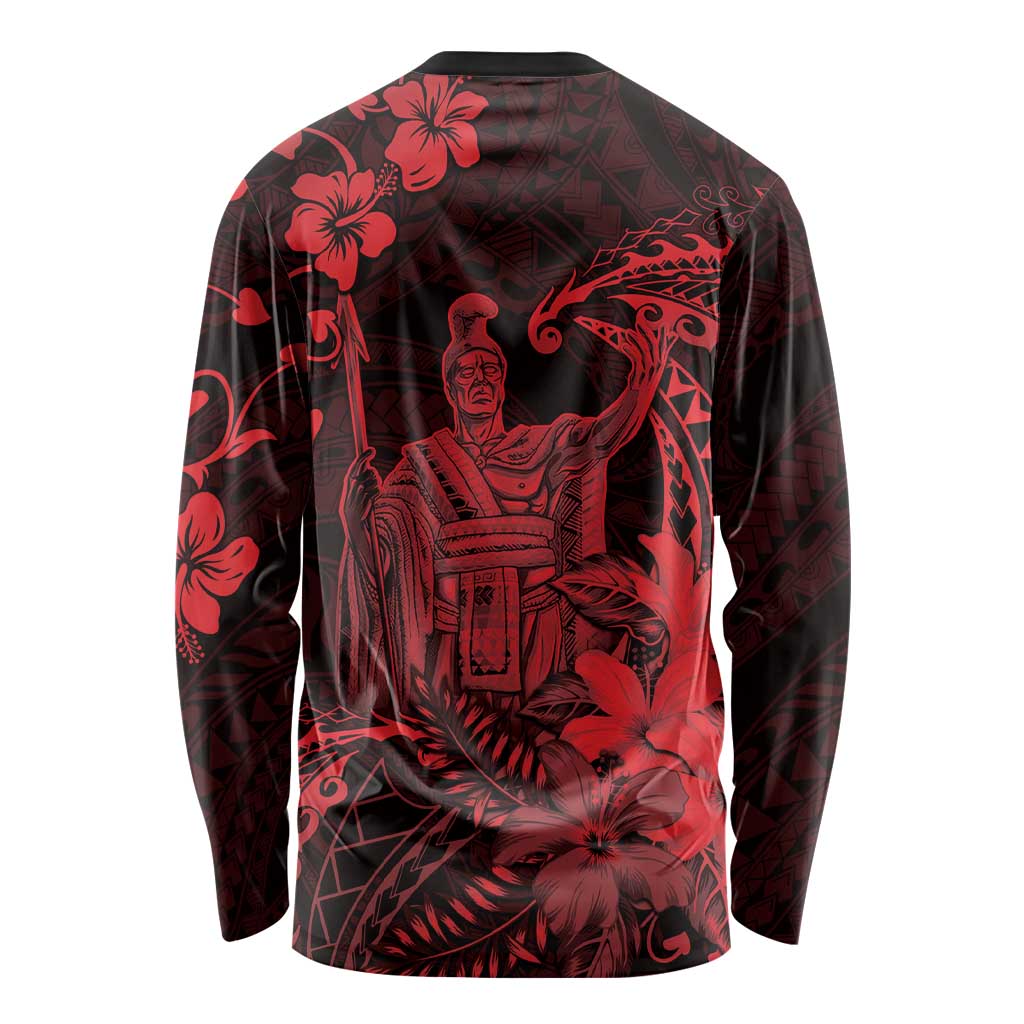 Hawaii King Kamehameha Day Long Sleeve Shirt Polynesian Pattern Mix Hibiscus Red