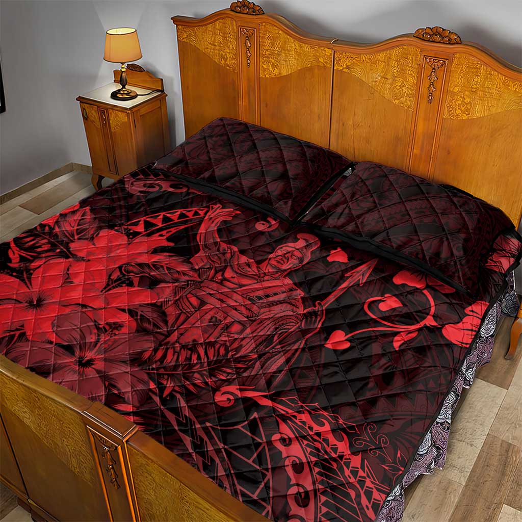 Hawaii King Kamehameha Day Quilt Bed Set Polynesian Pattern Mix Hibiscus Red
