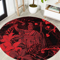 Hawaii King Kamehameha Day Round Carpet Polynesian Pattern Mix Hibiscus Red