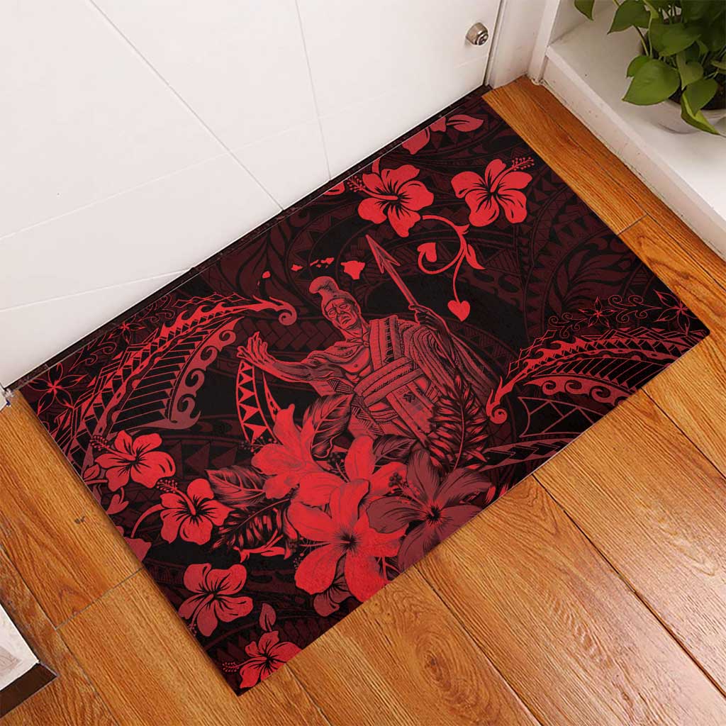 Hawaii King Kamehameha Day Rubber Doormat Polynesian Pattern Mix Hibiscus Red