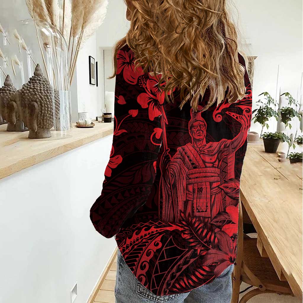 Hawaii King Kamehameha Day Women Casual Shirt Polynesian Pattern Mix Hibiscus Red