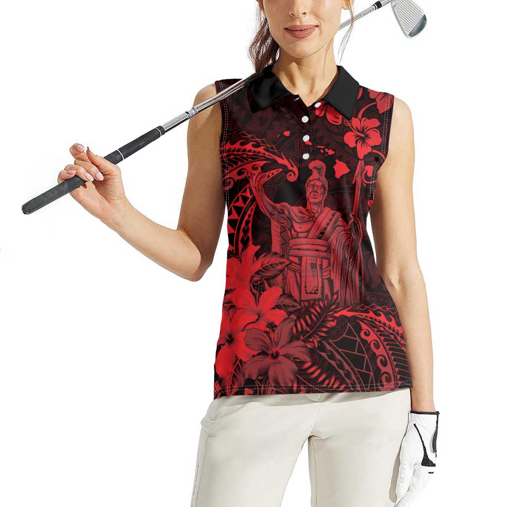 Hawaii King Kamehameha Day Women Sleeveless Polo Shirt Polynesian Pattern Mix Hibiscus Red