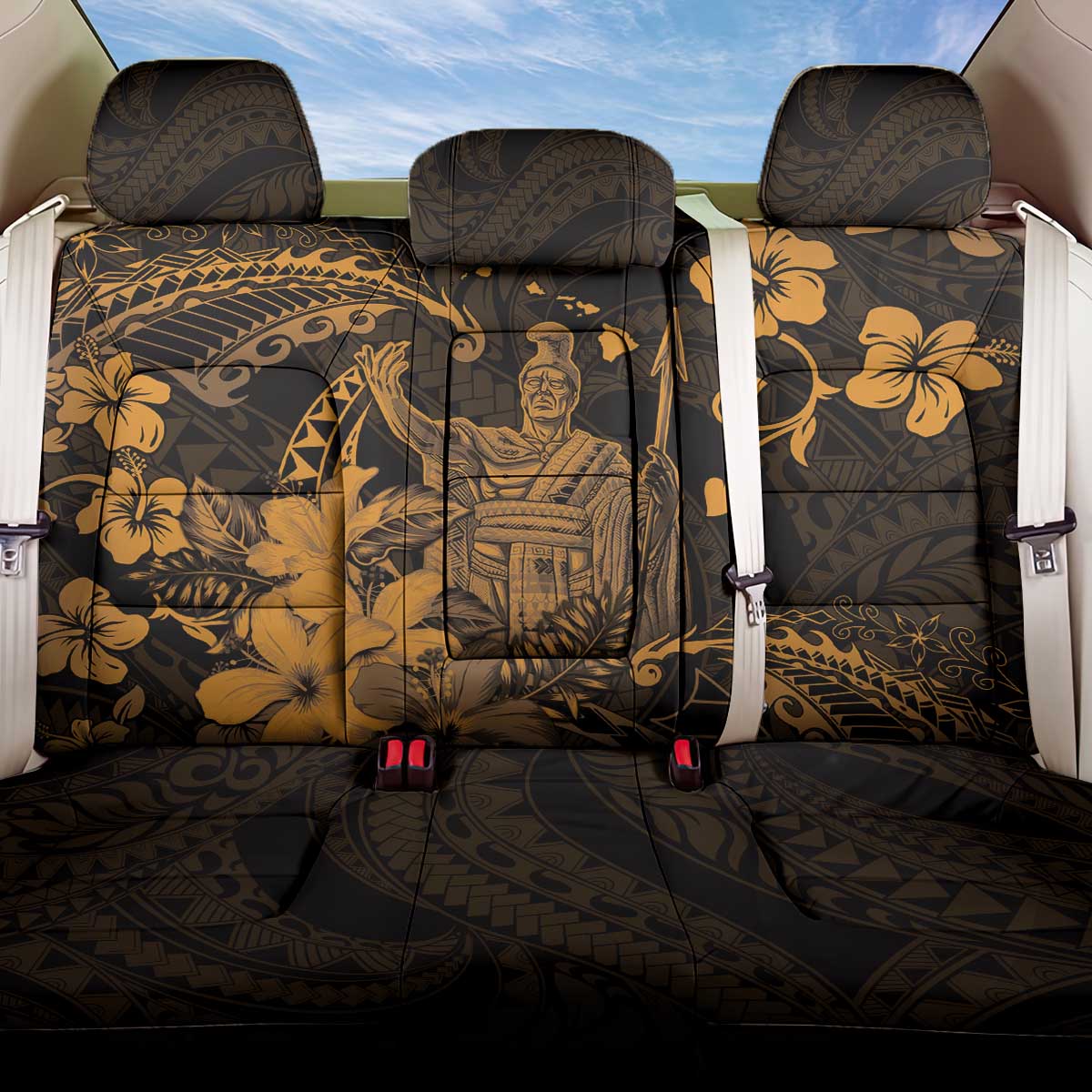 Hawaii King Kamehameha Day Back Car Seat Cover Polynesian Pattern Mix Hibiscus Gold