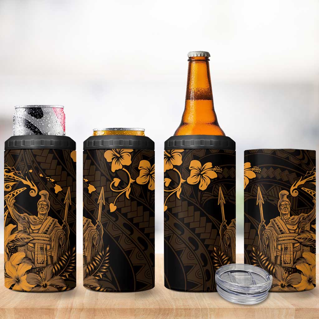 Hawaii King Kamehameha Day 4 in 1 Can Cooler Tumbler Polynesian Pattern Mix Hibiscus Gold