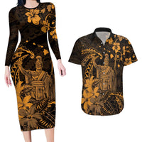Hawaii King Kamehameha Day Couples Matching Long Sleeve Bodycon Dress and Hawaiian Shirt Polynesian Pattern Mix Hibiscus Gold