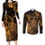 Hawaii King Kamehameha Day Couples Matching Long Sleeve Bodycon Dress and Long Sleeve Button Shirt Polynesian Pattern Mix Hibiscus Gold