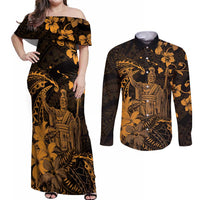 Hawaii King Kamehameha Day Couples Matching Off Shoulder Maxi Dress and Long Sleeve Button Shirt Polynesian Pattern Mix Hibiscus Gold
