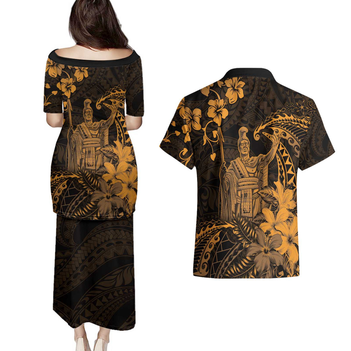 Hawaii King Kamehameha Day Couples Matching Puletasi and Hawaiian Shirt Polynesian Pattern Mix Hibiscus Gold