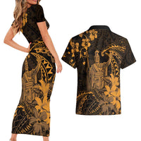 Hawaii King Kamehameha Day Couples Matching Short Sleeve Bodycon Dress and Hawaiian Shirt Polynesian Pattern Mix Hibiscus Gold
